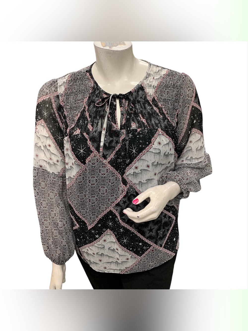 Northern Reflections Black and Pink Printed Peasant Blouse Size XL